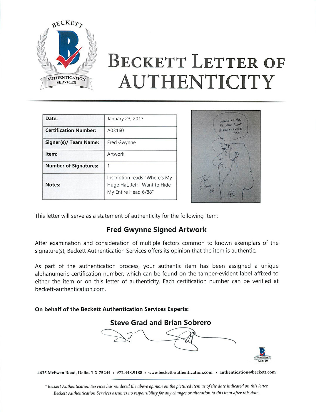 Fred Gwynne Signed A Chocolate Moose For Dinner Book & Sketch BAS #A03160