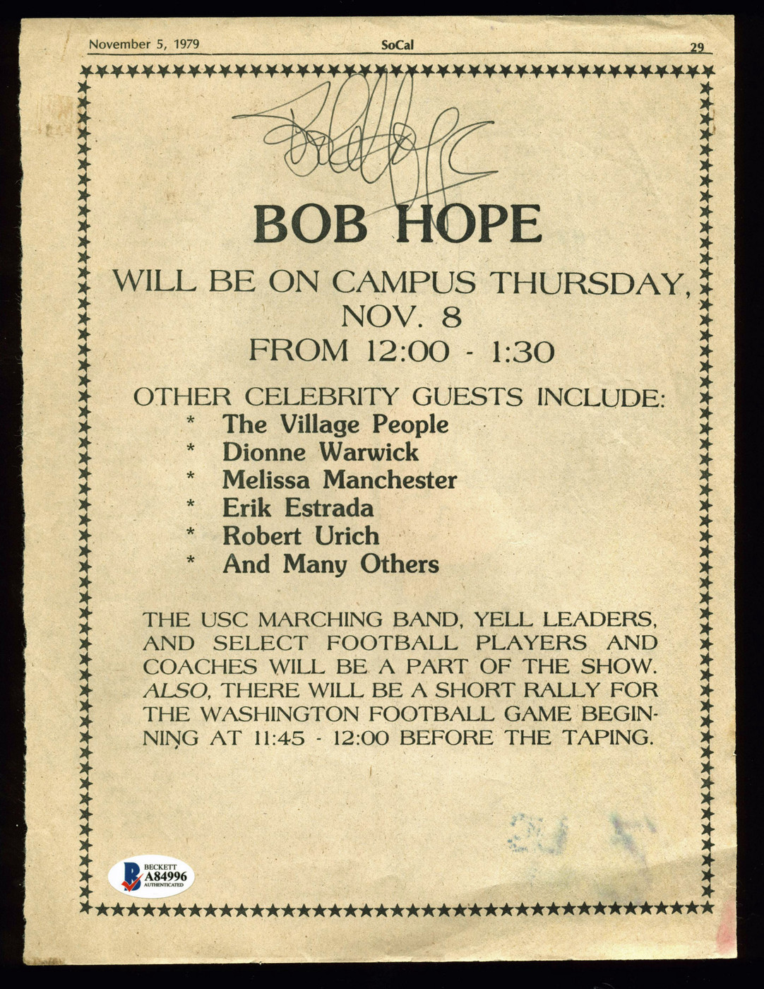 Bob Hope Authentic Signed 8.25x11 USC Campus Visit Flyer BAS #A84996