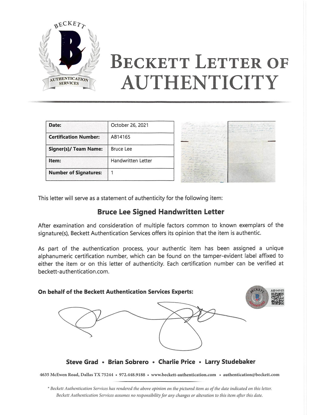 Bruce Lee Authentic Signed 8.5x11 1972 Handwritten Letter BAS #AB14165