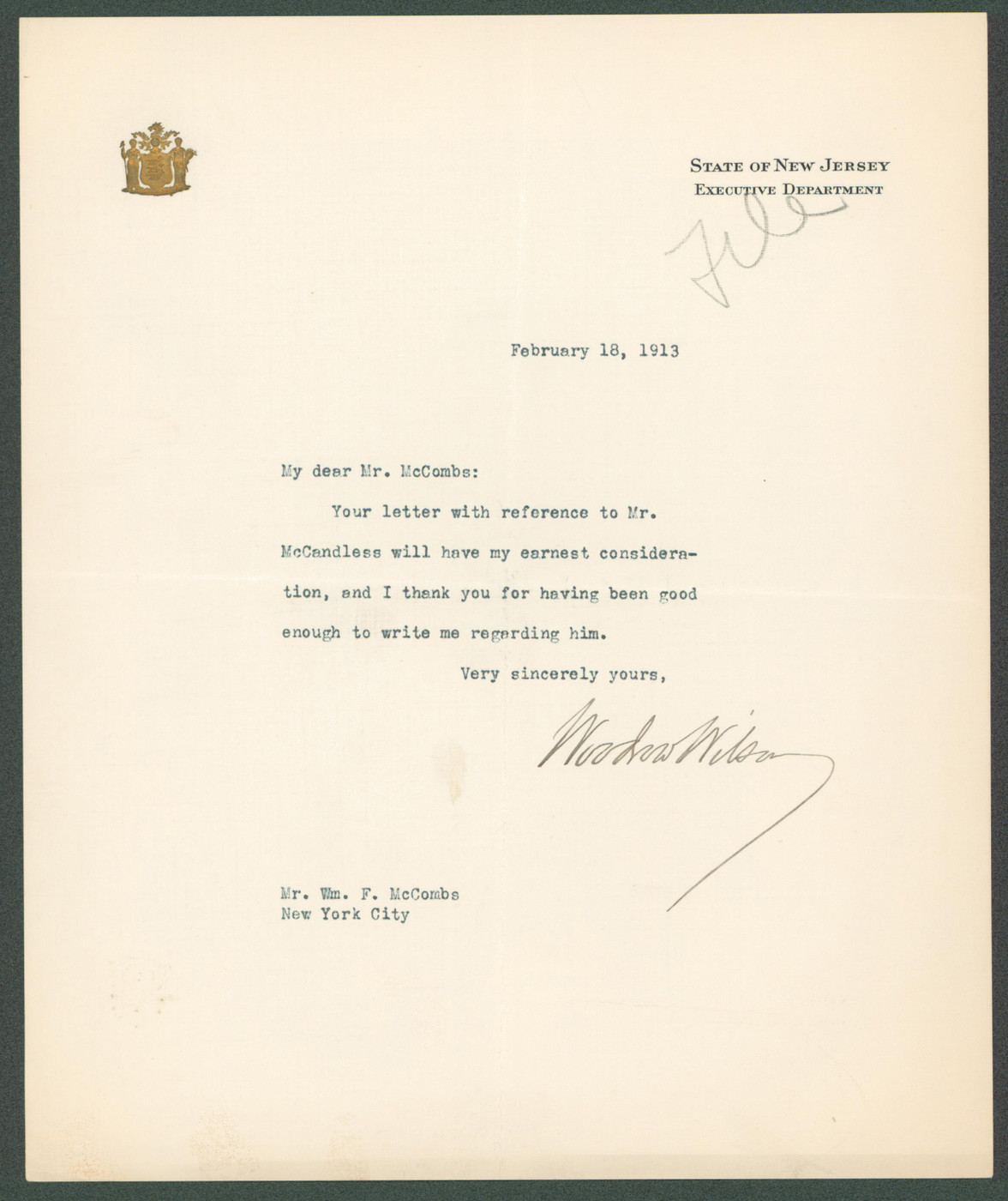 Woodrow Wilson Authentic Signed 7.85x9.5 Letter February 18, 1913 BAS #AB14547