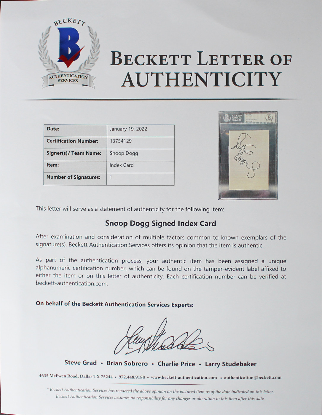 Snoop Dogg Rapper & Actor Authentic Signed 4x6 Index Card BAS Slabbed