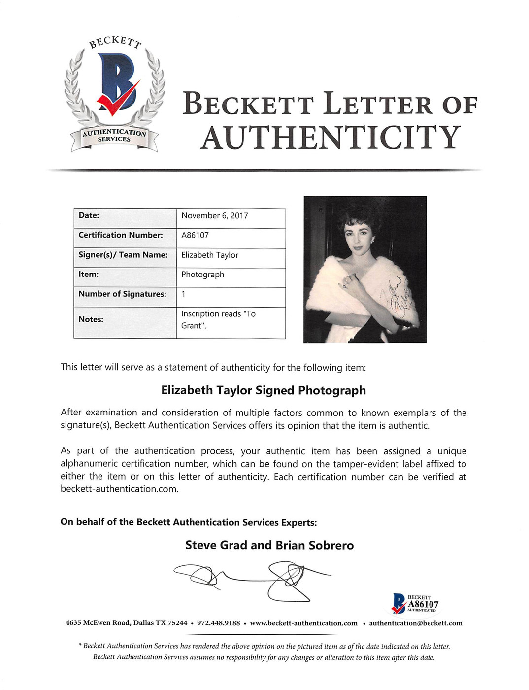 Elizabeth Taylor "To Grant" Authentic Signed 8x10 Vintage B&W Photo BAS #A86107