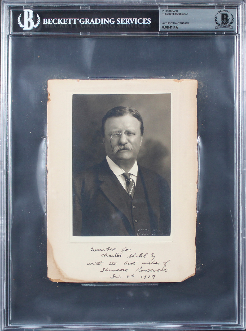 Theodore Roosevelt "best wishes" Signed Mounted 6x8 Cabinet Photo BAS Slabbed