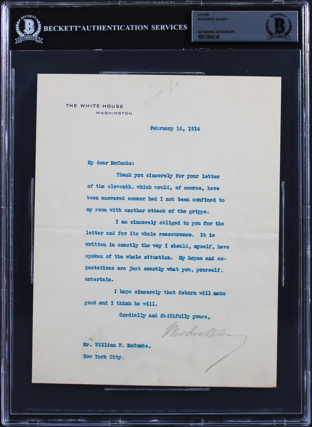 Woodrow Wilson Signed 7x8.75 1914 Letter On White House Letterhead BAS Slab 3