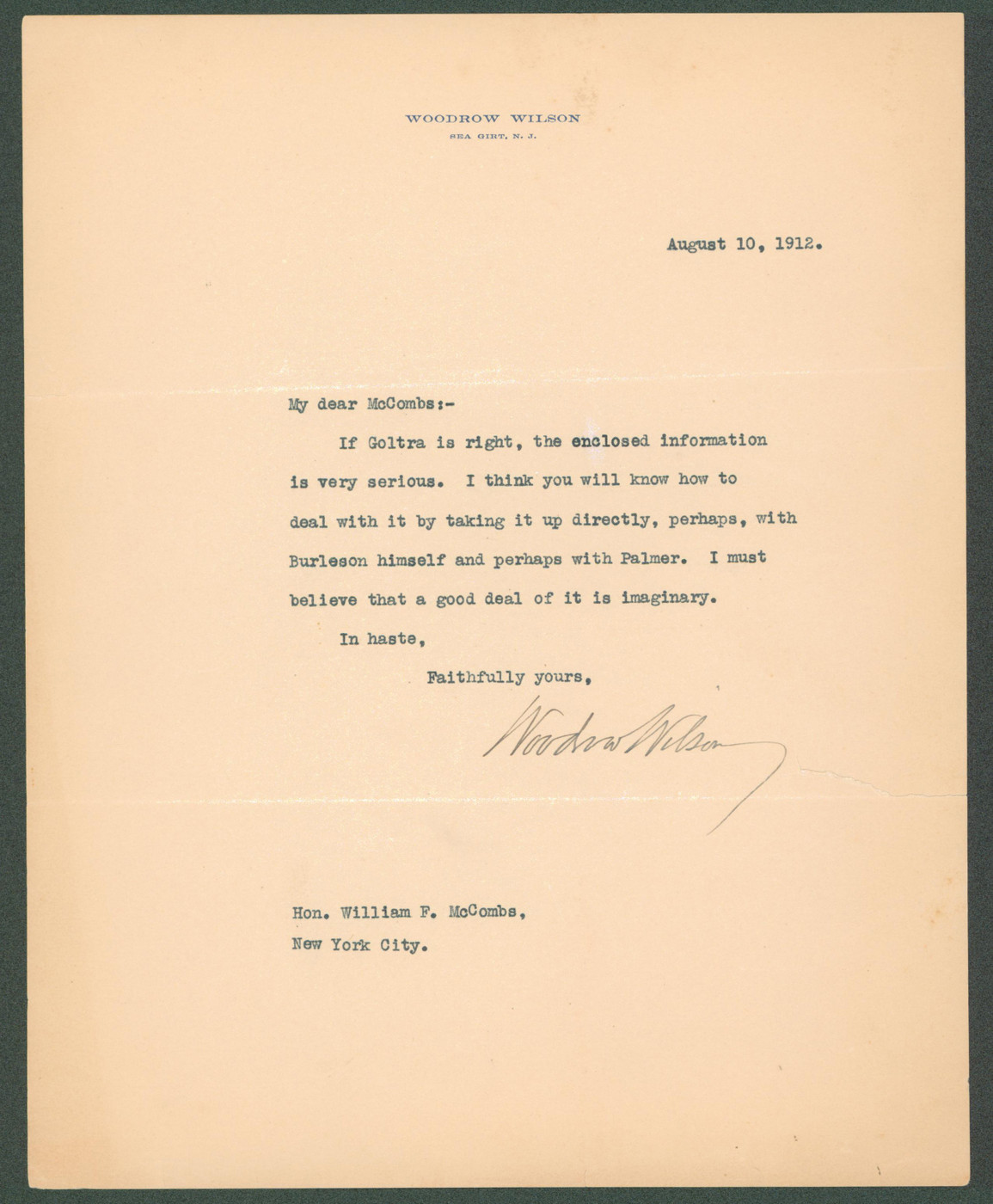 Woodrow Wilson Authentic Signed 8x10 Letter August 10, 1912 BAS #AB14551