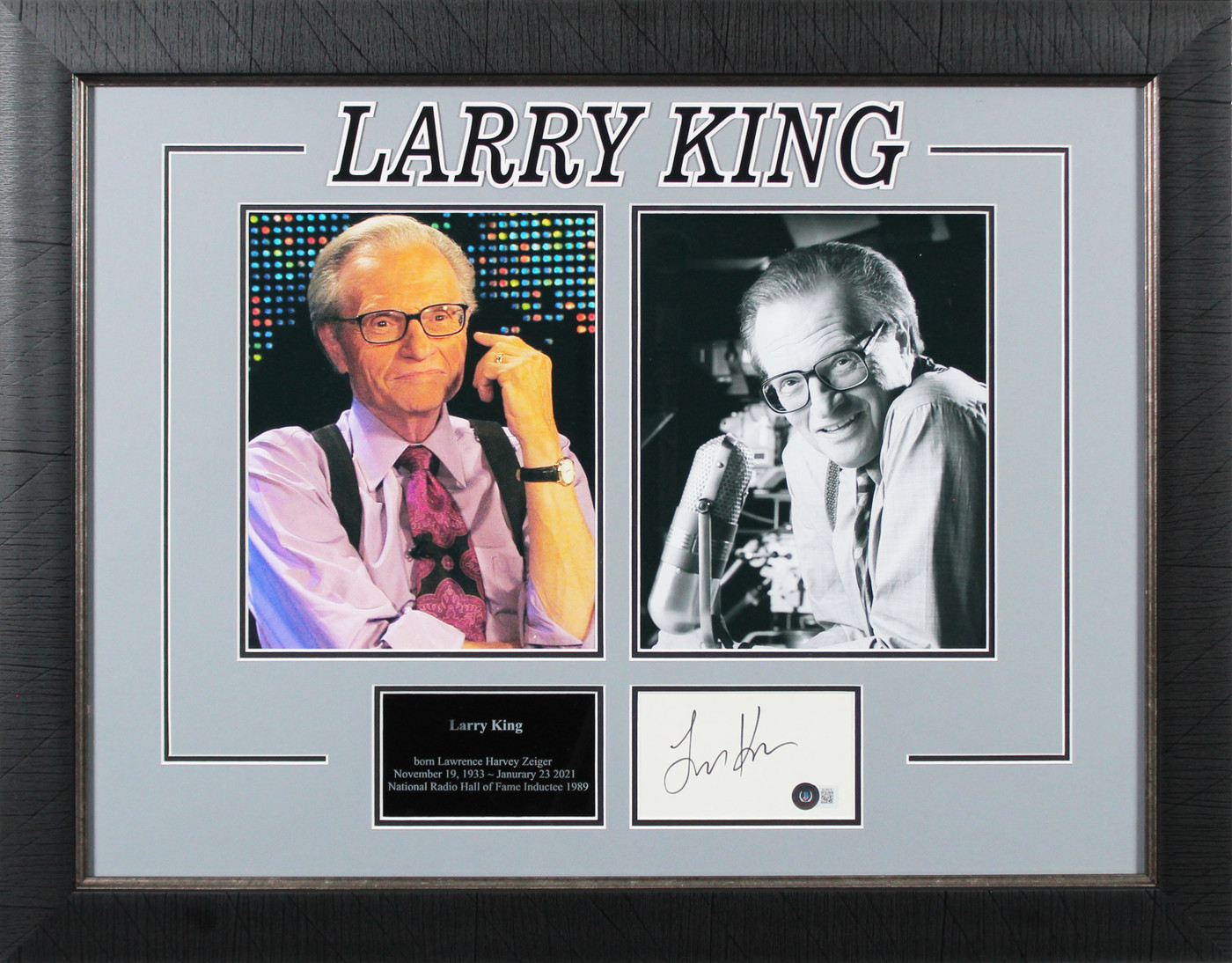 Larry King Authentic Signed 3x5 Index Card Framed Display Autographed BAS