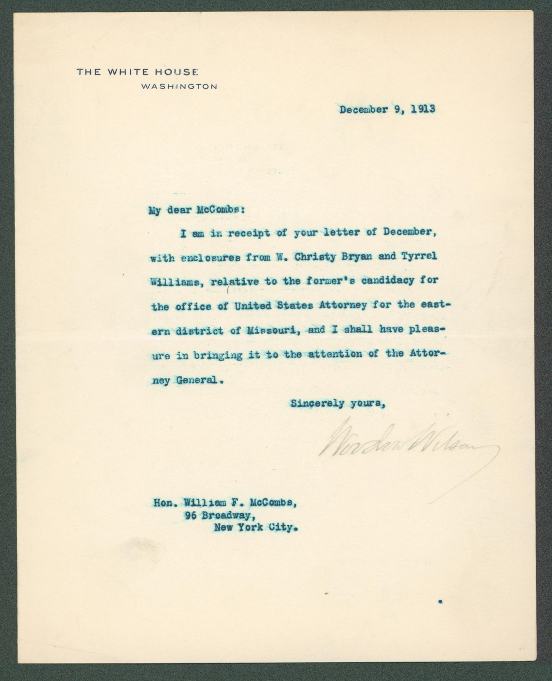 Woodrow Wilson Signed 7x8.8 1913 Letter On White House Letterhead BAS #AB14537