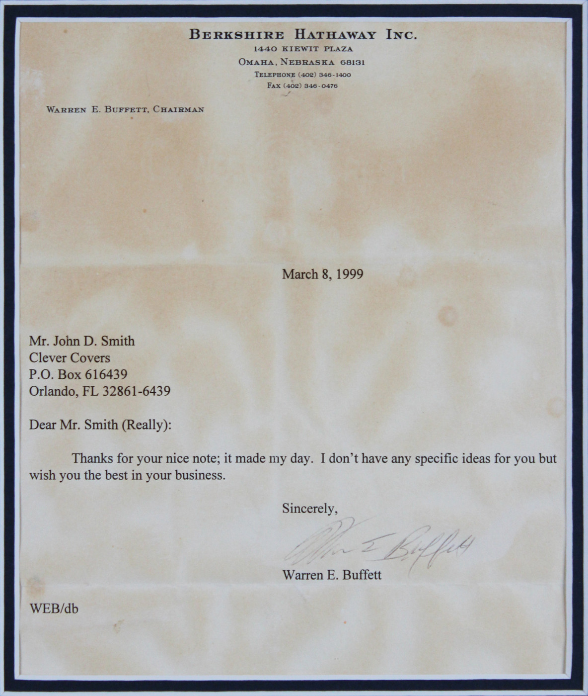 Warren Buffett Signed 8.5x11 Framed Letter On Berkshire Hathaway Letterhead BAS