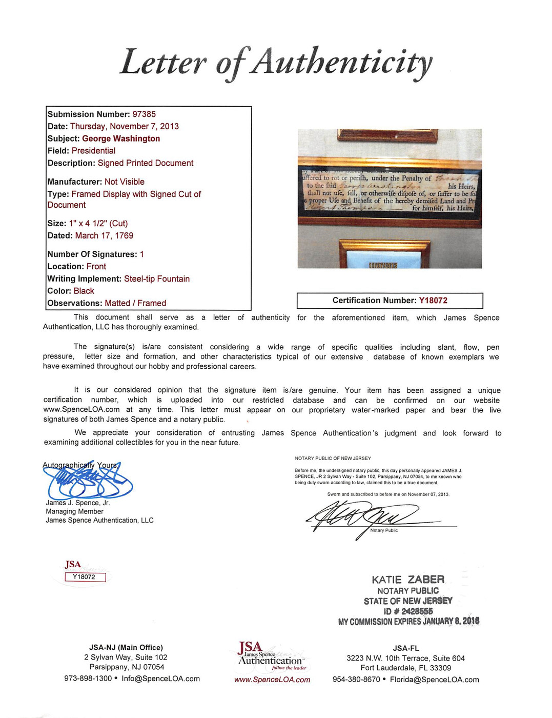 George Washington Signed 1x4.5 Cut Signature Framed Display JSA