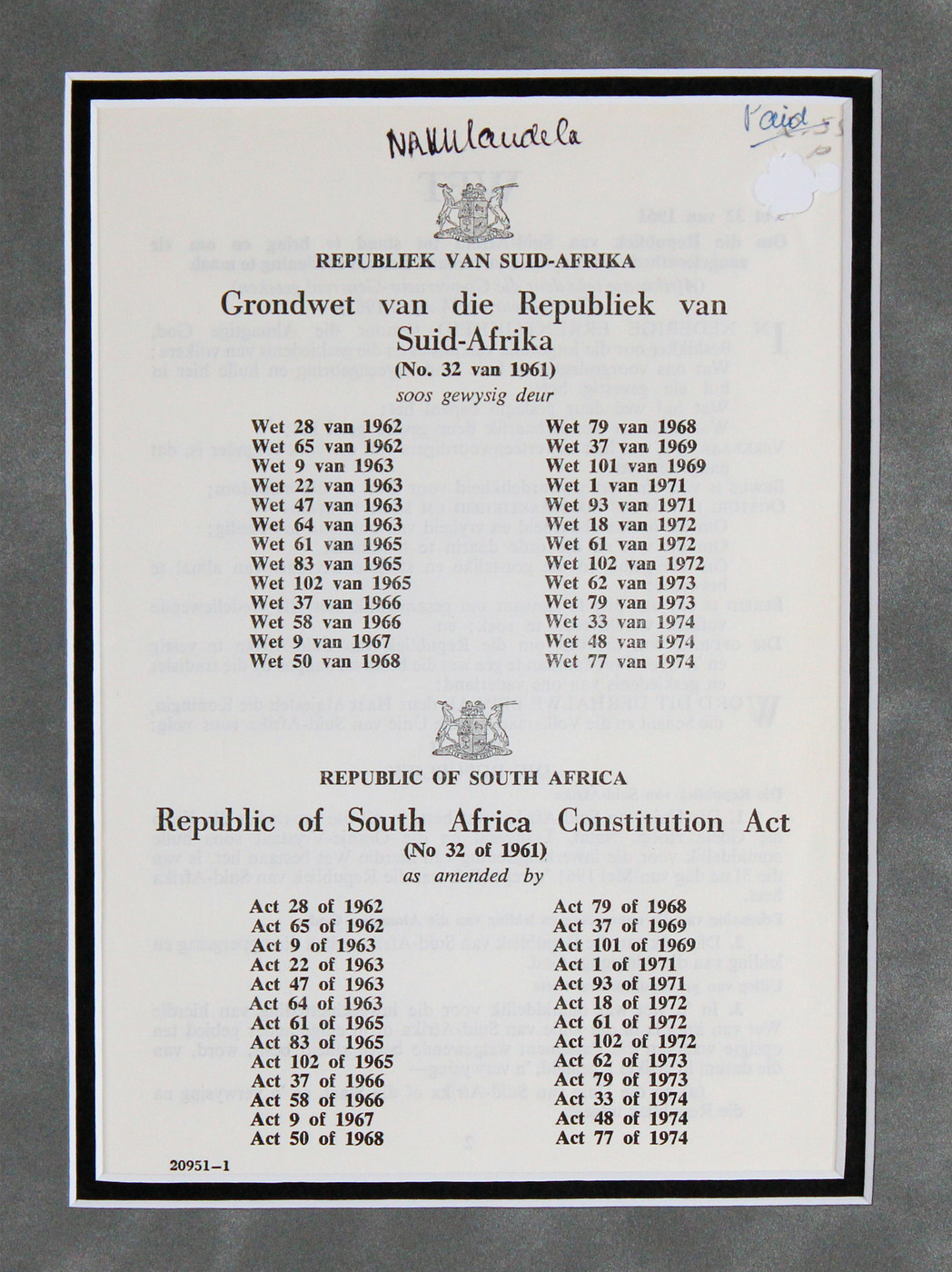 Nelson Mandela Signed 5.5x8 SA Constitution Booklet Page Framed Display BAS LOA