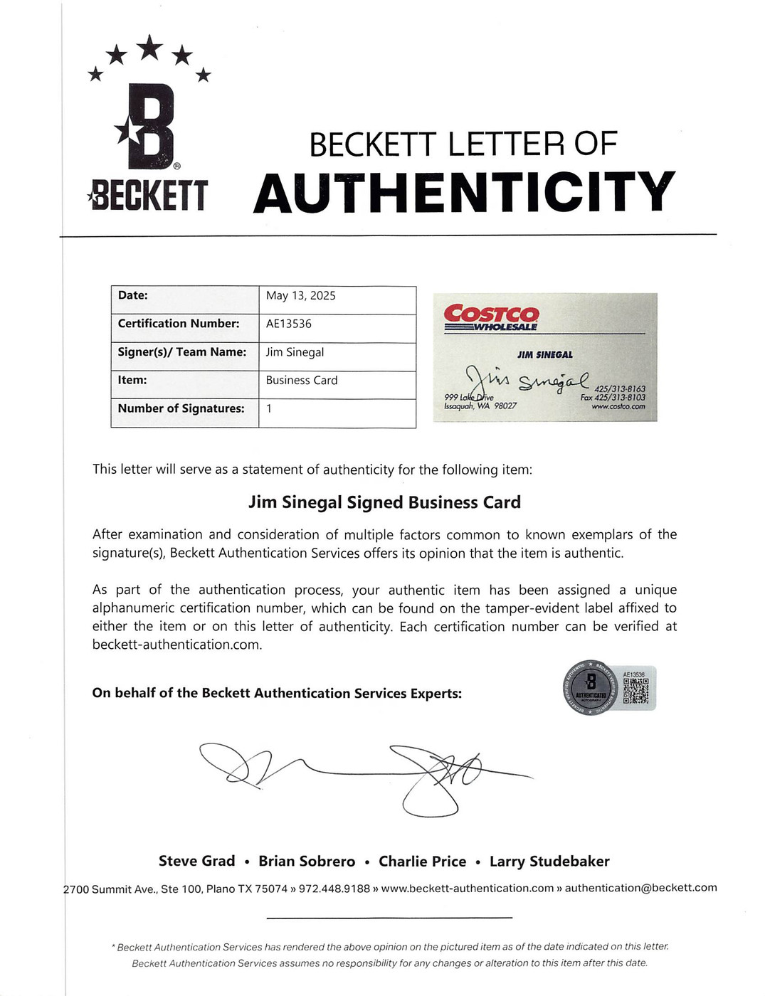 Jim Sinegal Costco Authentic Signed 3.5x2 Business Card Framed Display BAS