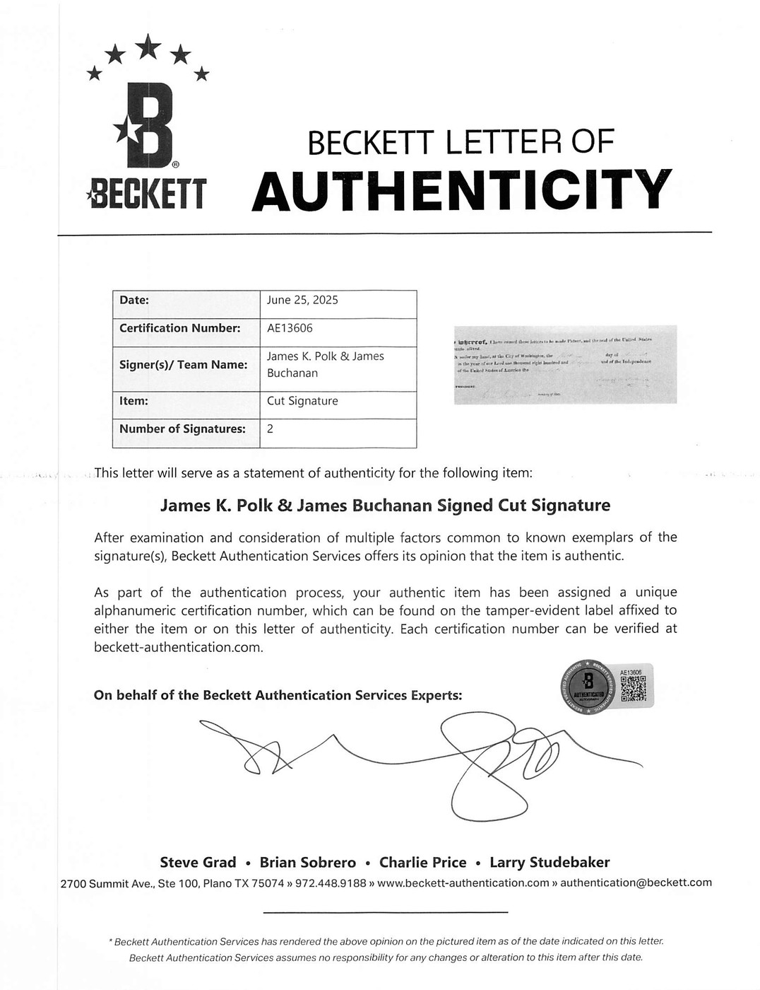 James K. Polk & James Buchanan Signed & Framed 12x17 Appointment Document BAS