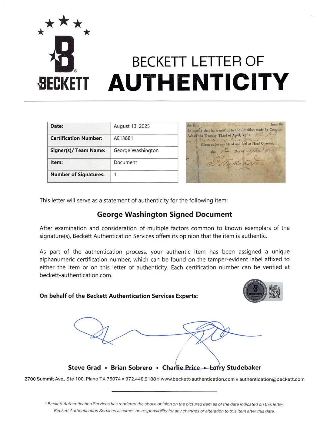 George Washington Signed 8x11.25 1783 Revolutionary War Discharge Document BAS