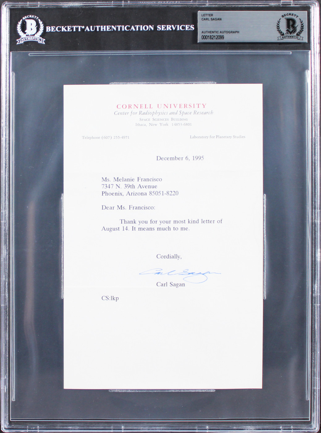 Carl Sagan Scientist Authentic Signed 5.5x8.5 Letter Dated 12/6/1995 BAS Slabbed