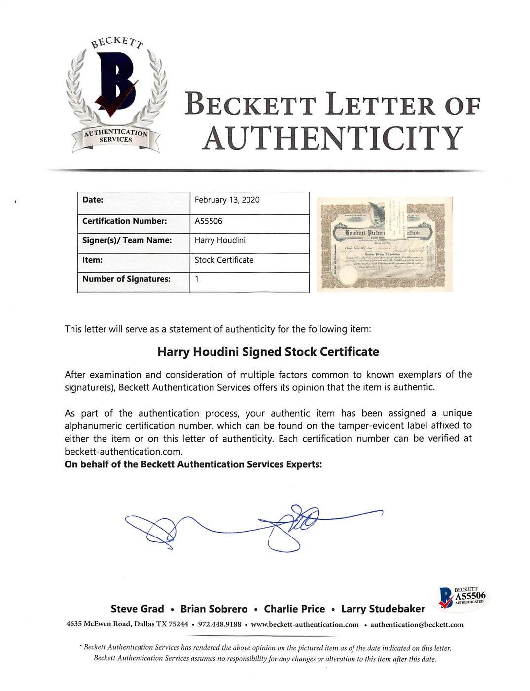 Harry Houdini Signed & Framed 1922 Houdini Picture Corp. Stock Certificate BAS