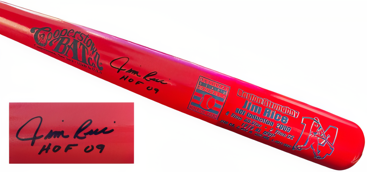 Jim Rice Signed Cooperstown Red Bat W/Engraved Hof Logo & Boston Strongboy Stats Hof 09  5 Star Authentic