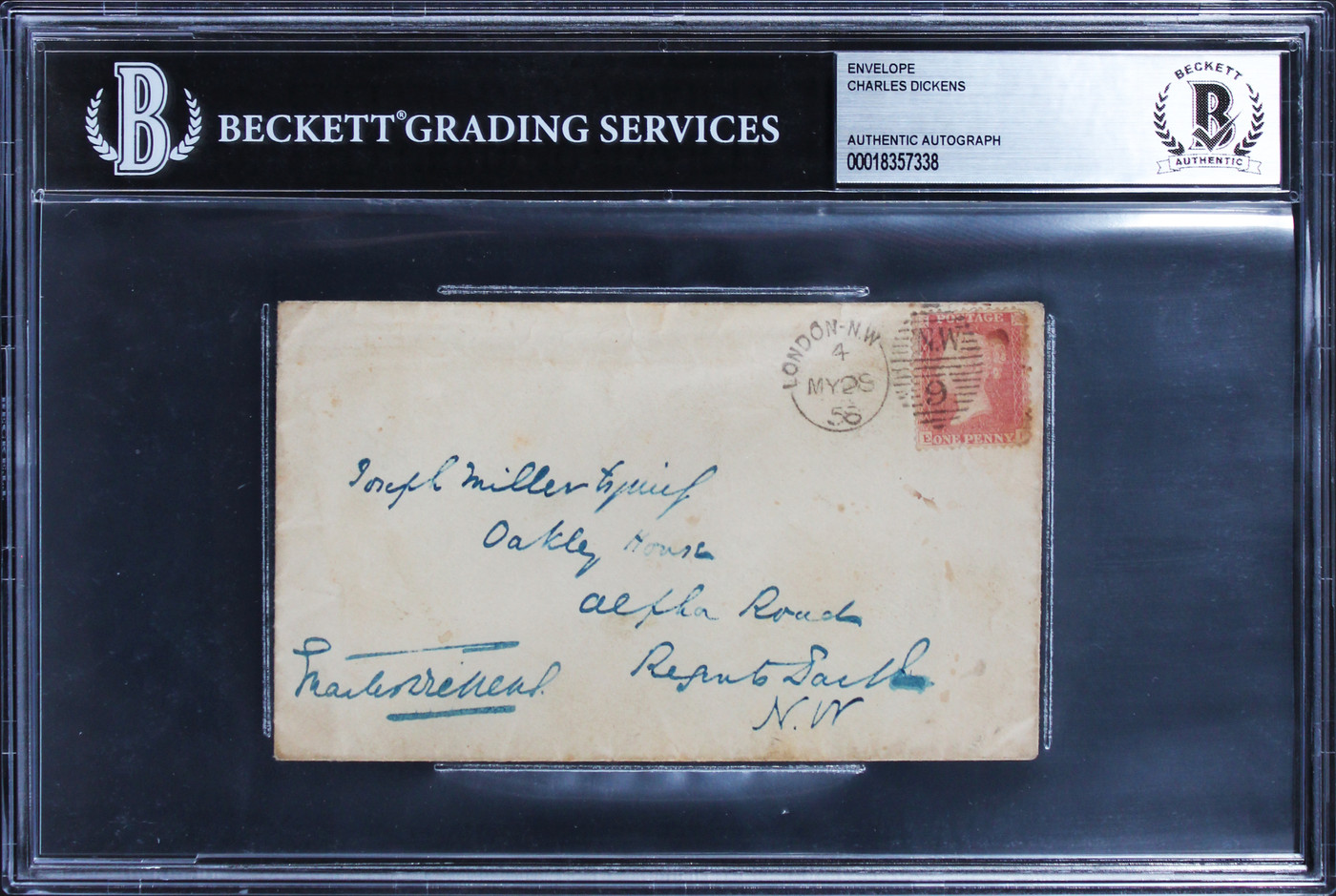 Charles Dickens Authentic Signed 3x5.25 1858 Handwritten Envelope BAS Slabbed