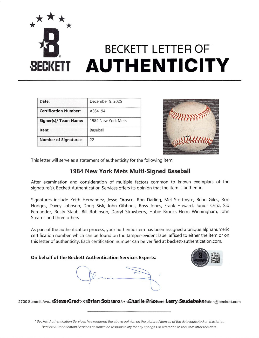 1984 Mets (22) Hernandez, Darling, Strawberry +19 Signed Baseball BAS #AE64194