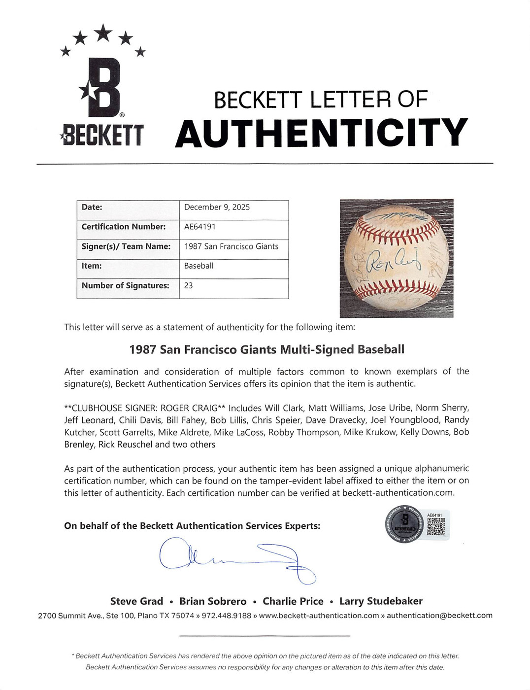 1987 Giants (23) Clark, Williams, Uribe +20 Signed ONL Baseball BAS #AE64191