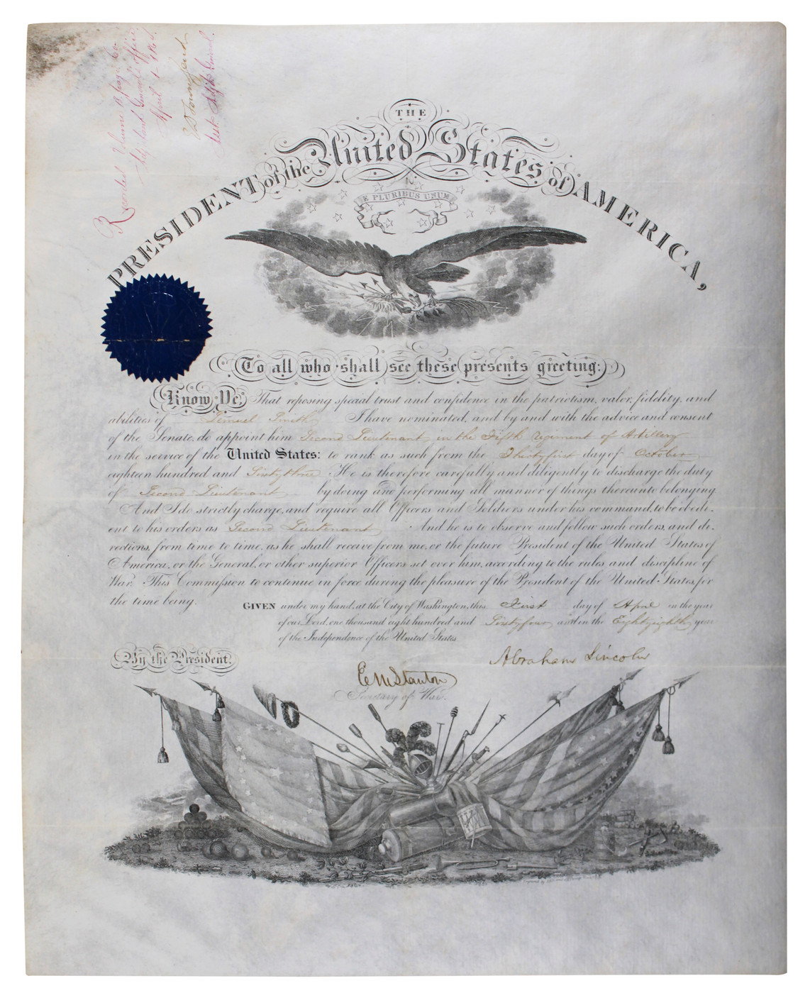 Abraham Lincoln Signed 15.5x19.5 1864 Civil War Commission Document BAS #AE64269