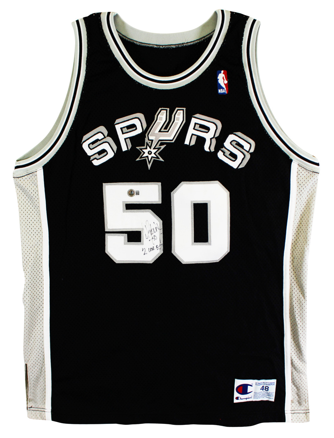 Spurs David Robinson "2 Cor 5:7" Signed Black Champion Jersey BAS #BU55005