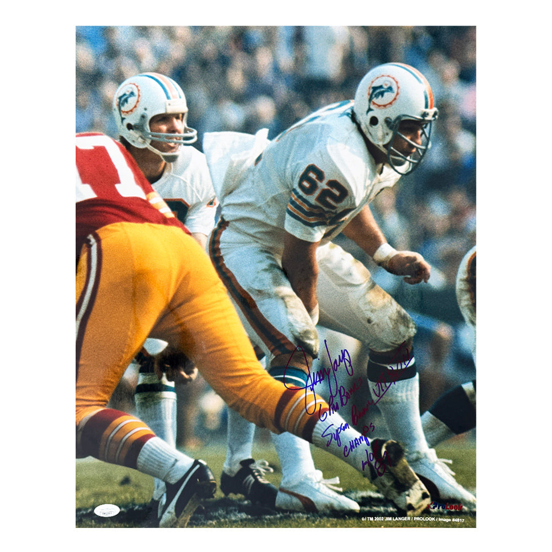 Jim Langer Signed 6 Pro Bowls SB Champs HOF 87 Inscription Miami Pose 1 Football 16x20 Photo (JSA)