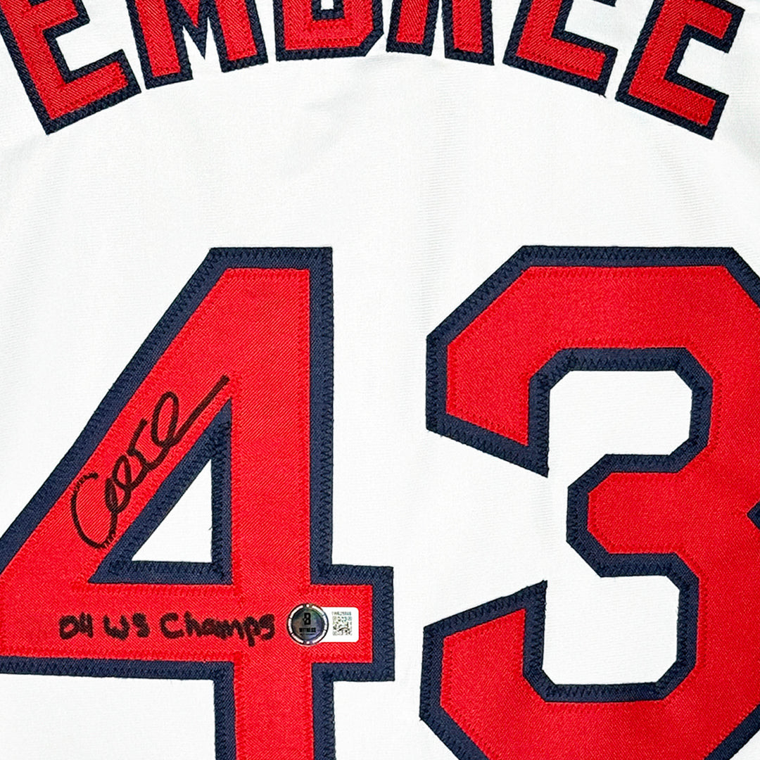 Alan Embree Signed 04 WS Champs Inscription Boston White Baseball Jersey (Beckett)