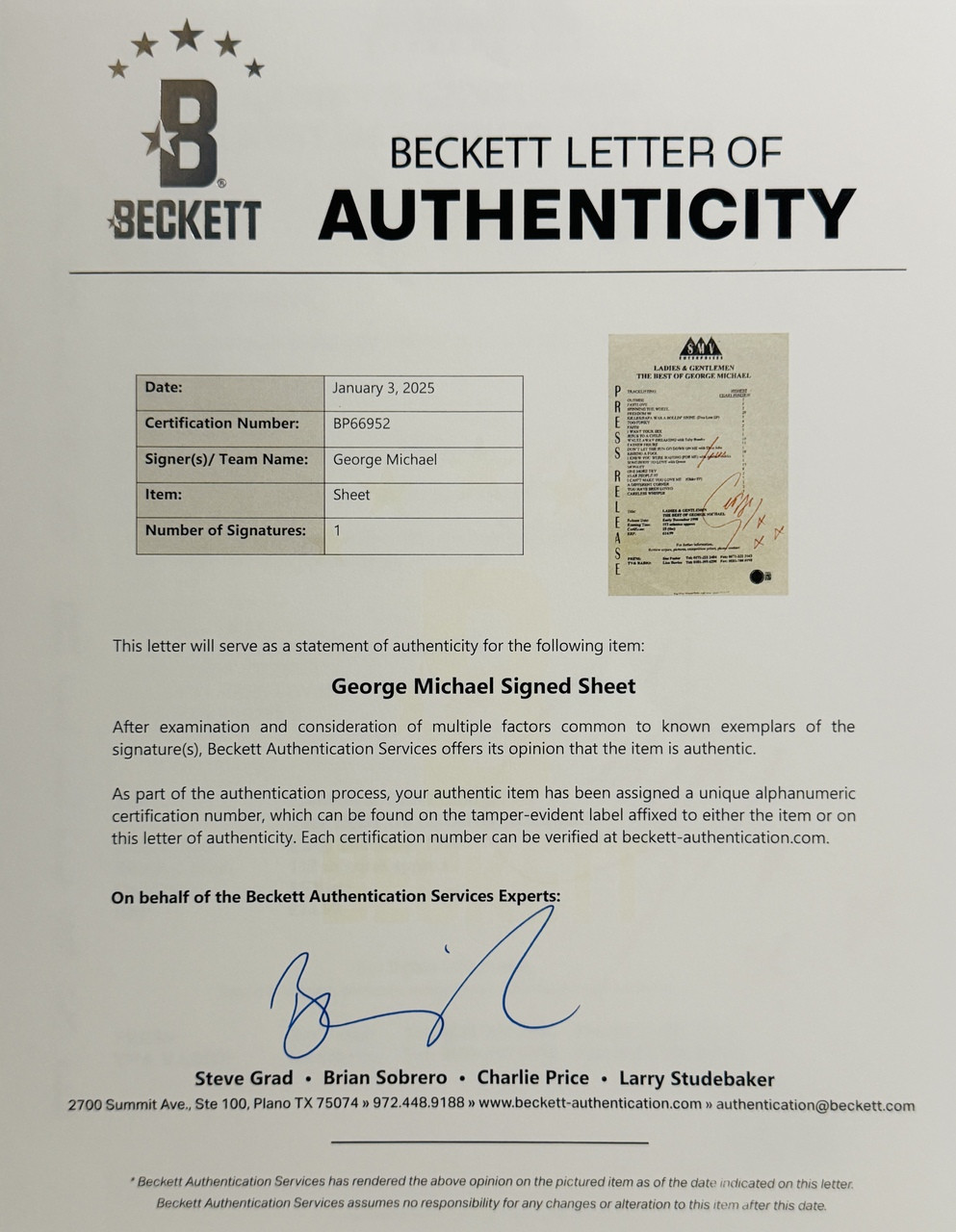 George Michael 8.25x11.25 Press Release