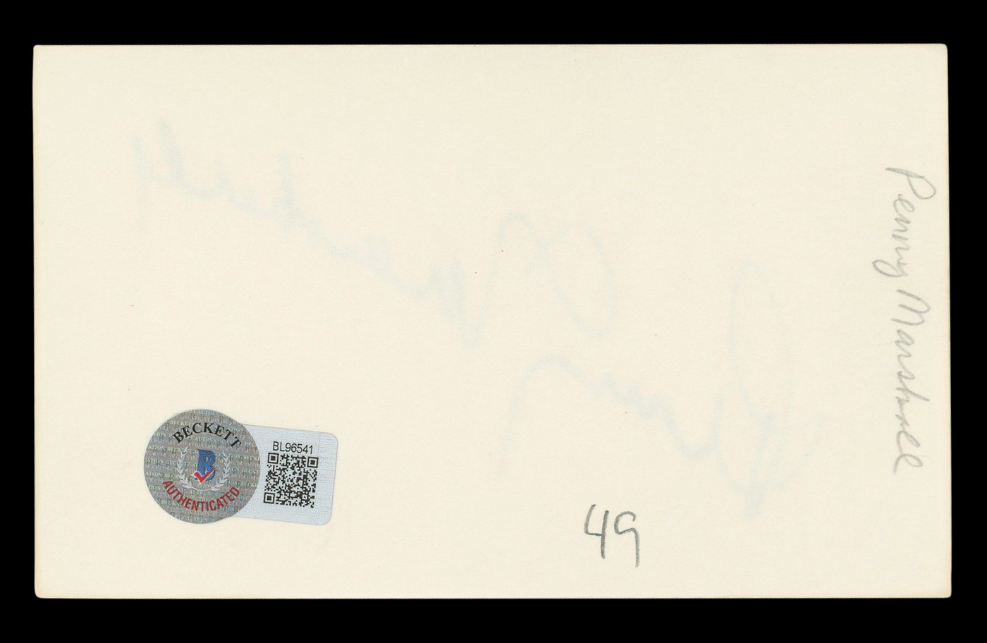 Penny Marshall Laverne & Shirley Authentic Signed 3x5 Index Card BAS #BL96541