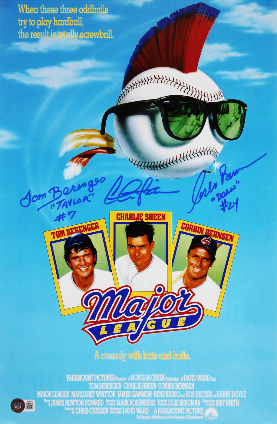 Major League (3) Sheen, Berenger & Bernsen Signed 12x18 Movie Poster Photo BAS W