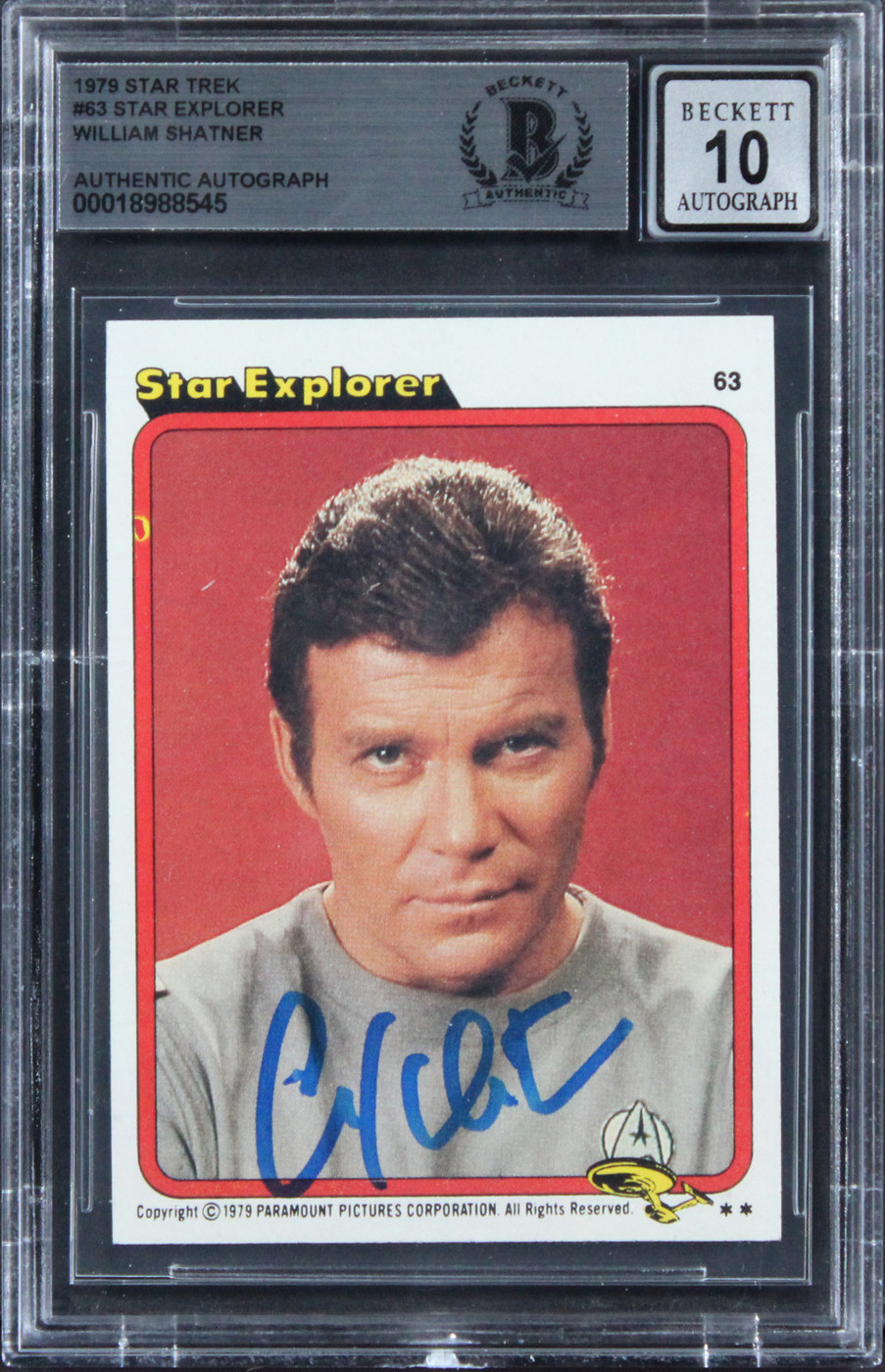 William Shatner Signed 1979 Star Trek #63 Star Explorer Card Auto 10! BAS Slab
