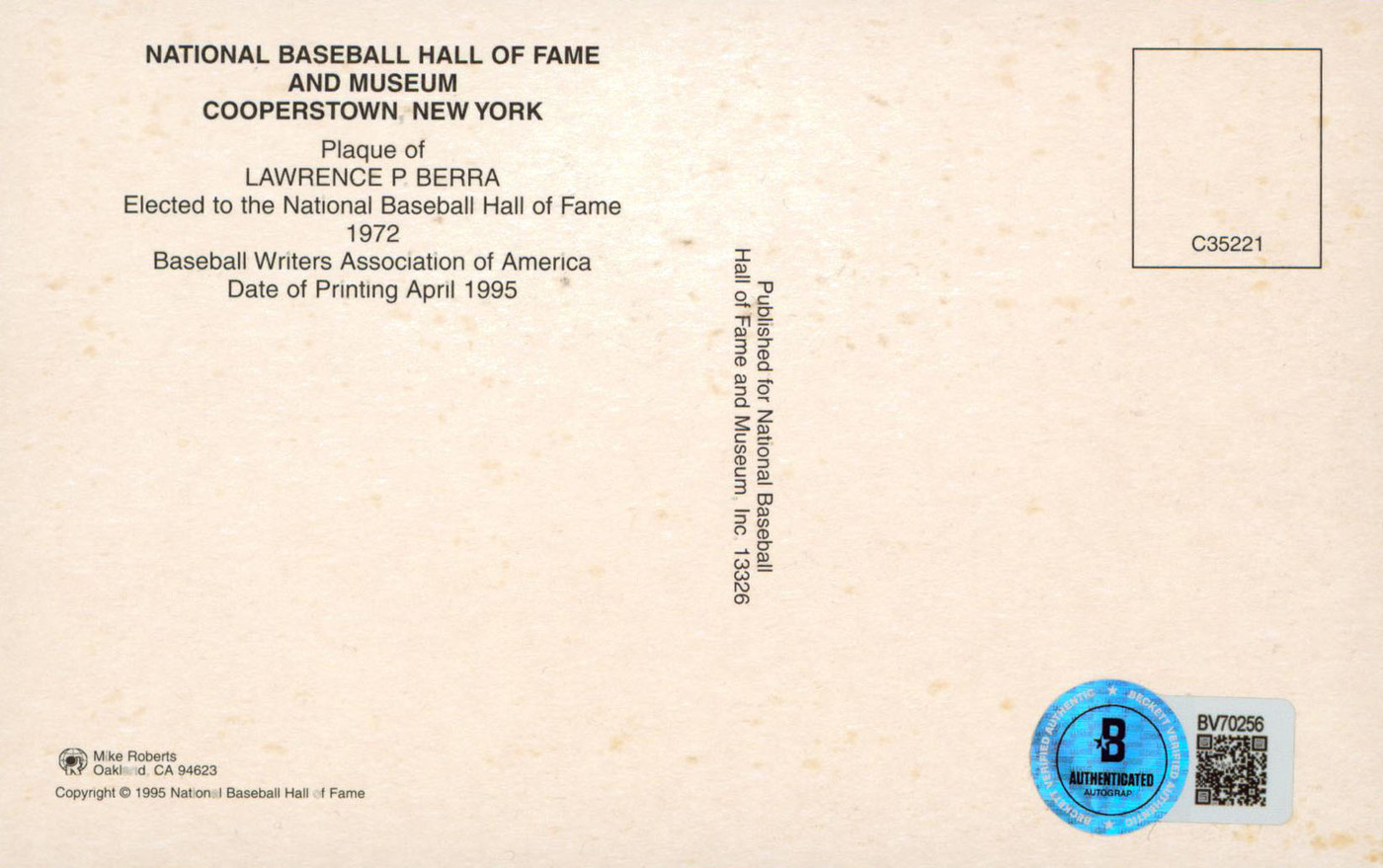 Yankees Yogi Berra Authentic Signed Postcard 3.5x5.5 Autographed BAS #BV70256