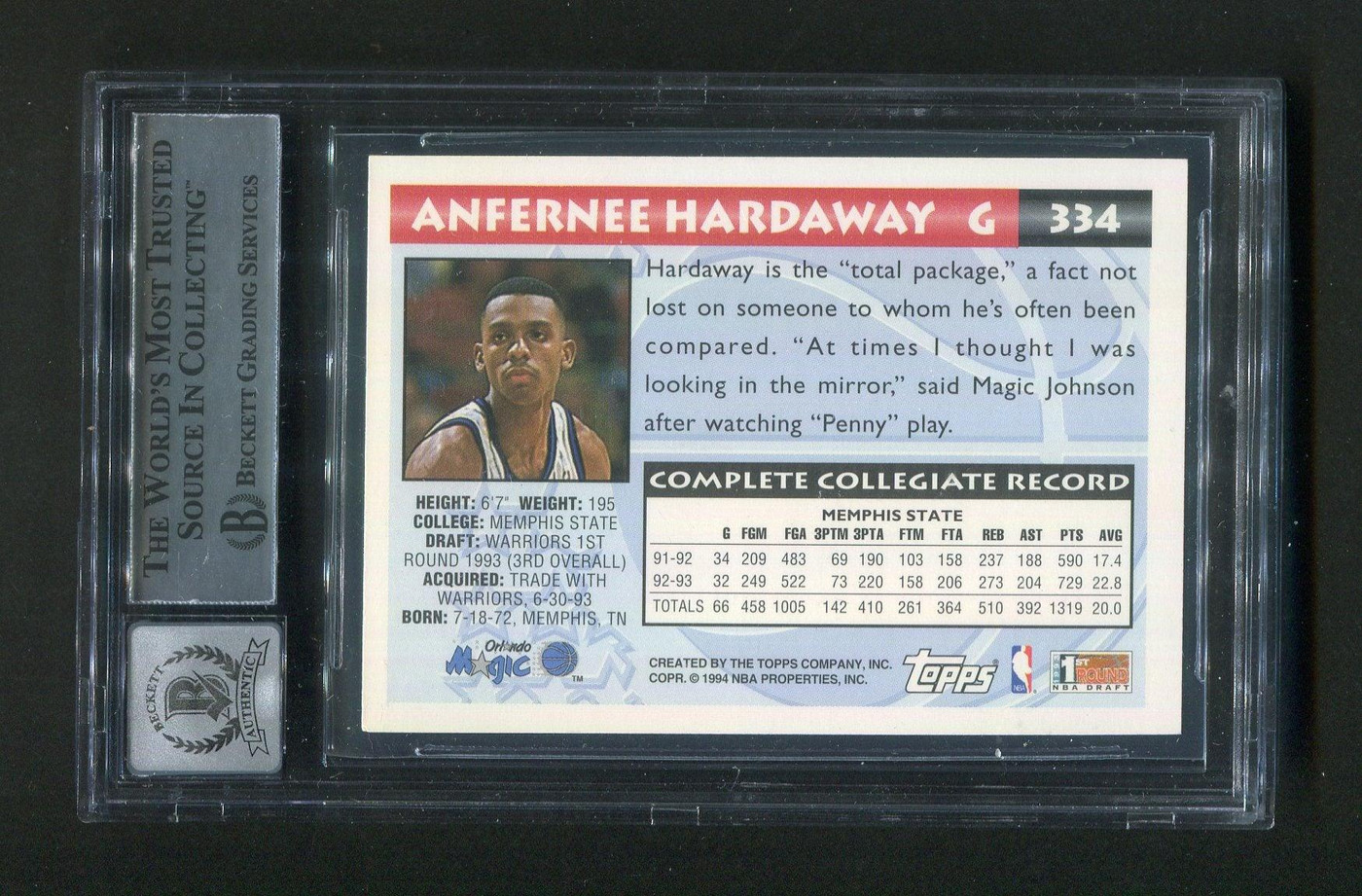 1993-94 Topps #334 Anfernee Penny Hardaway BGS 10 Autograph Signed Rookie Card