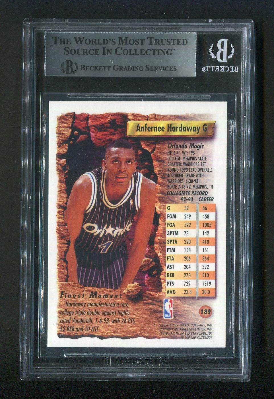 1993-94 Topps Finest #189 Anfernee Penny Hardaway BGS Authentic Autograph Signed Rookie Card