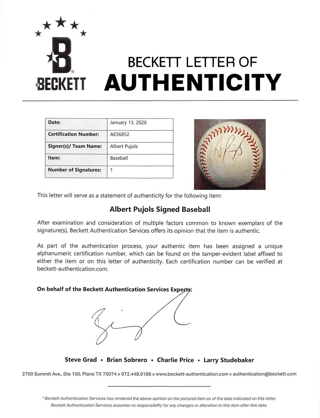 Cardinals Albert Pujols Signed Game Used Allen Selig OML Baseball BAS #AE56852