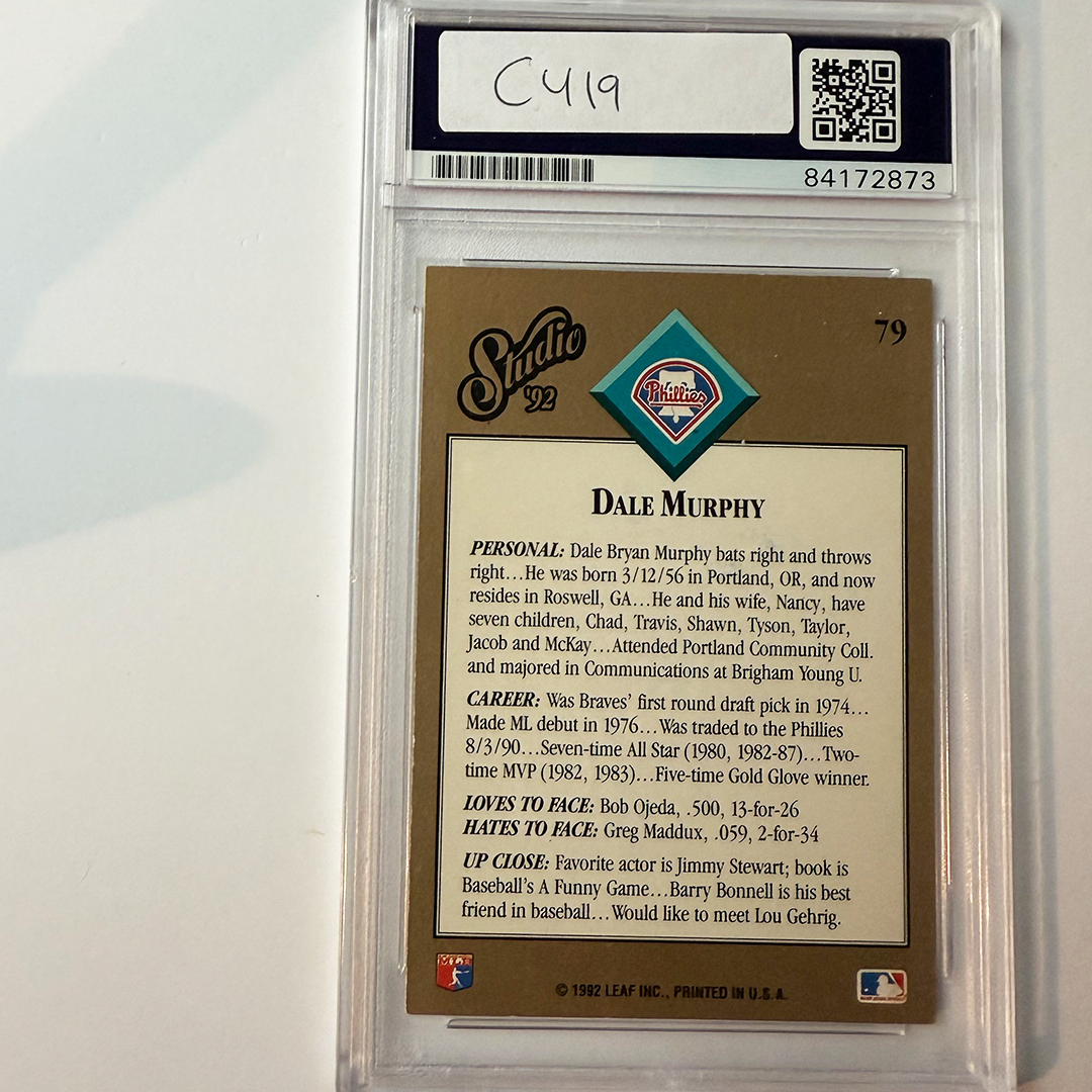Dale Murphy Signed 1992 Studio #79 w/2 Inscriptions PSA Auto Authentic