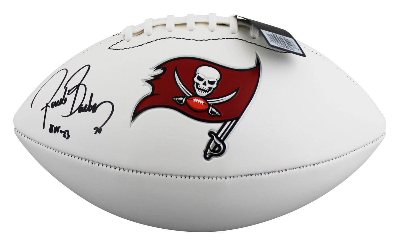 Buccaneers Ronde Barber "HOF 23" Signed White Panel Logo Football BAS Witnessed