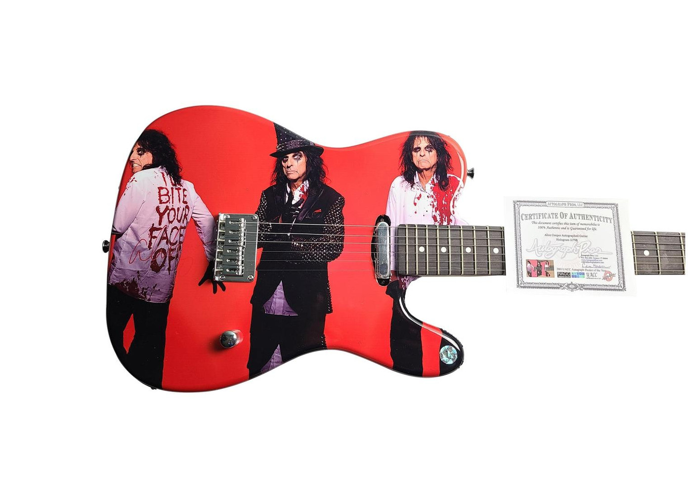 Alice Cooper Signed Triple Graphics Photo Guitar -