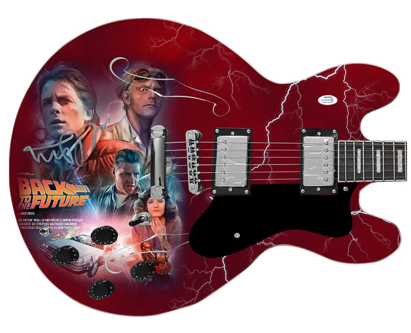 Michael J. Fox Signed Back To The Future Photo Graphics Guitar ACOA Version 1