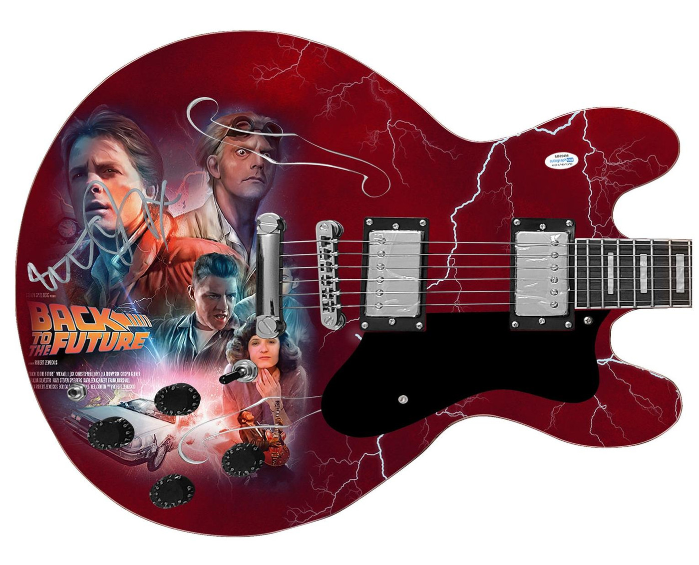 Michael J. Fox Signed Back To The Future Photo Graphics Guitar ACOA Version 2