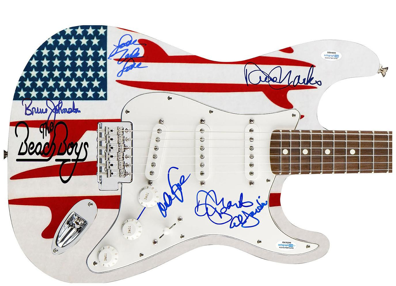 The Beach Boys Autographed USA Surfin Graphics Photo Guitar ACOA Exact Proof