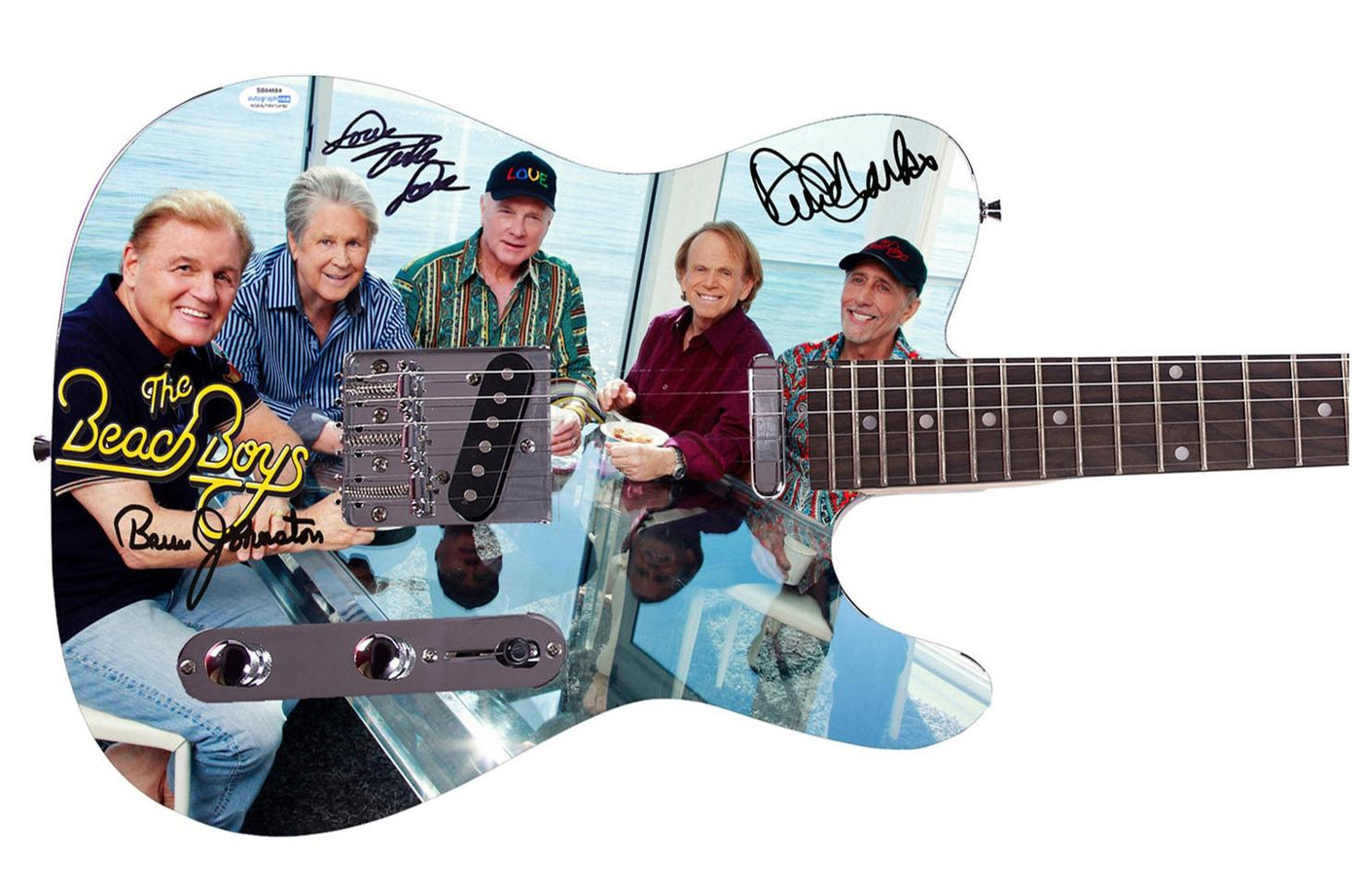The Beach Boys Autographed Graphics Album Group Photo Guitar ACOA Exact Proof