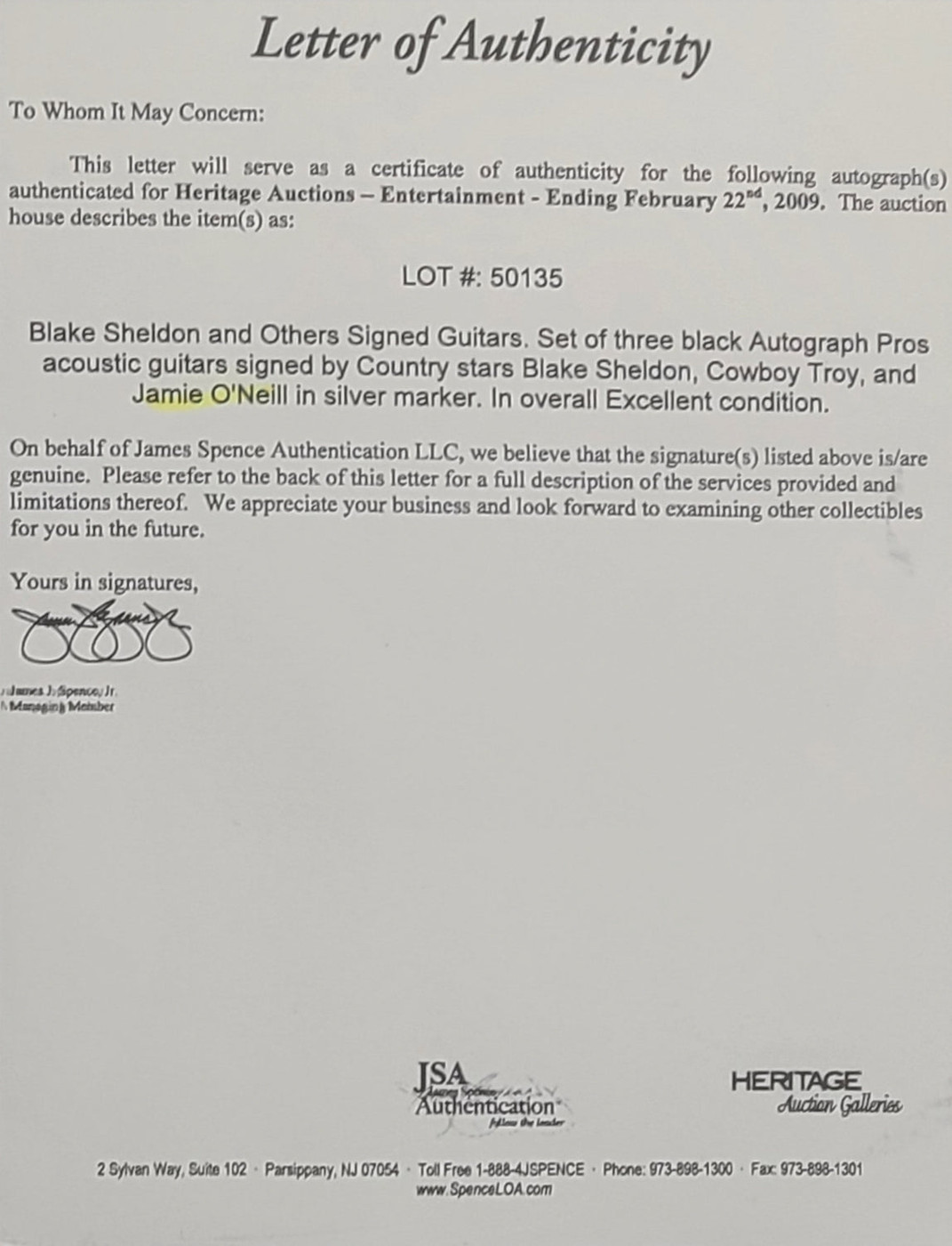 Jamie O?neill Signed Autographed Acoustic Guitar JSA Auction LOA