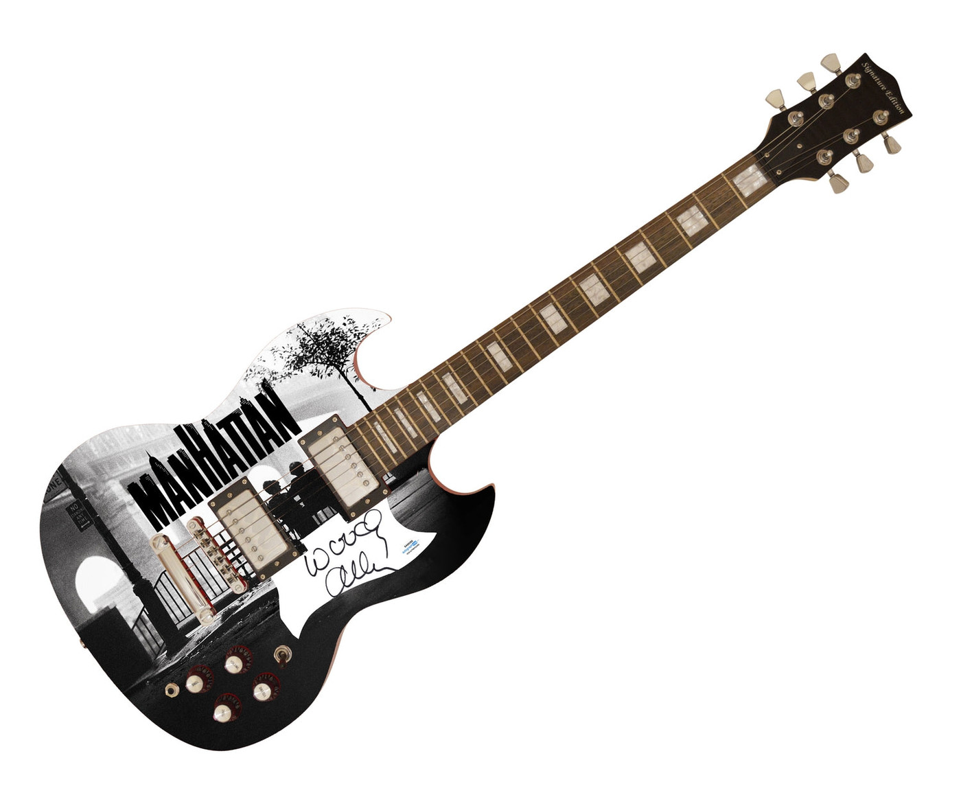Woody Allen Signed Manhattan Movie Photo Guitar ACOA