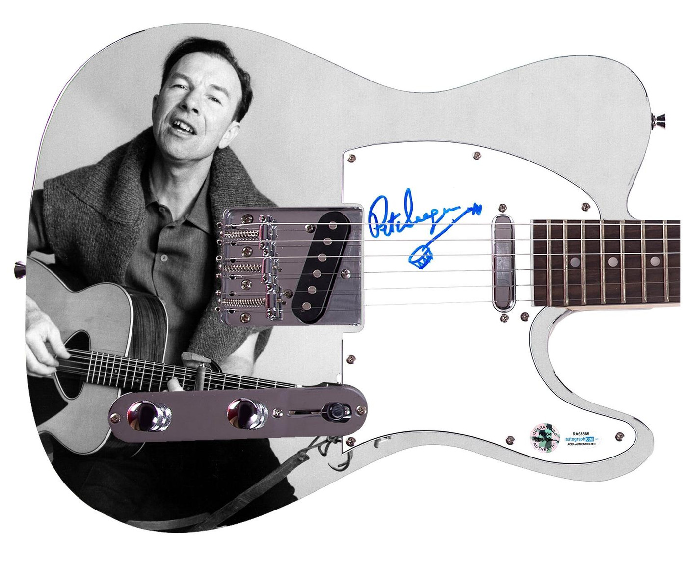 Pete Seeger w Sketch Signed Custom 1/1 Graphics Photo Guitar ACOA