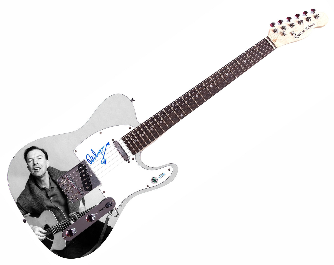 Pete Seeger w Sketch Signed Custom 1/1 Graphics Photo Guitar ACOA