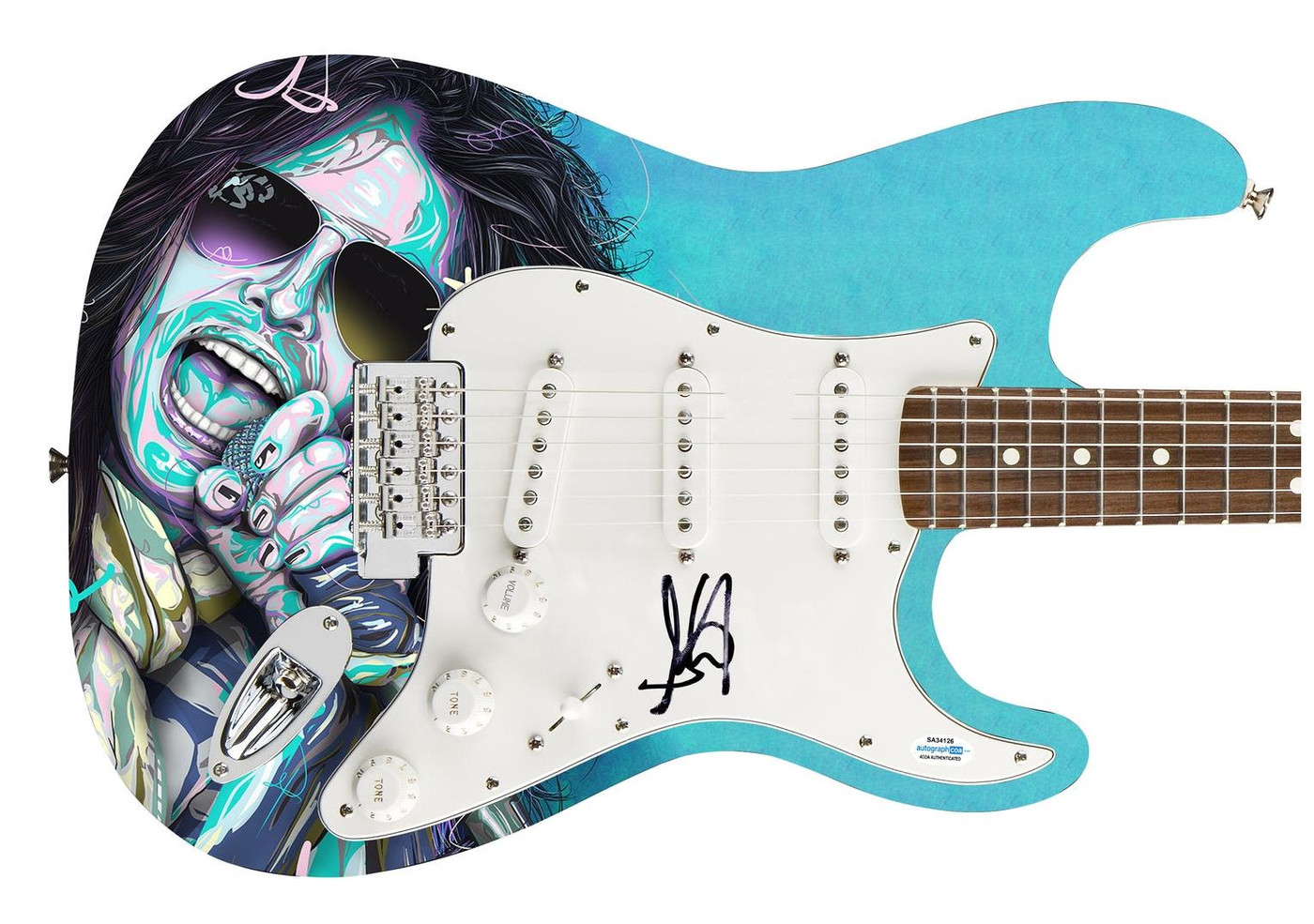 Aerosmith Signed Steven Tyler Photo Graphics Guitar ACOA