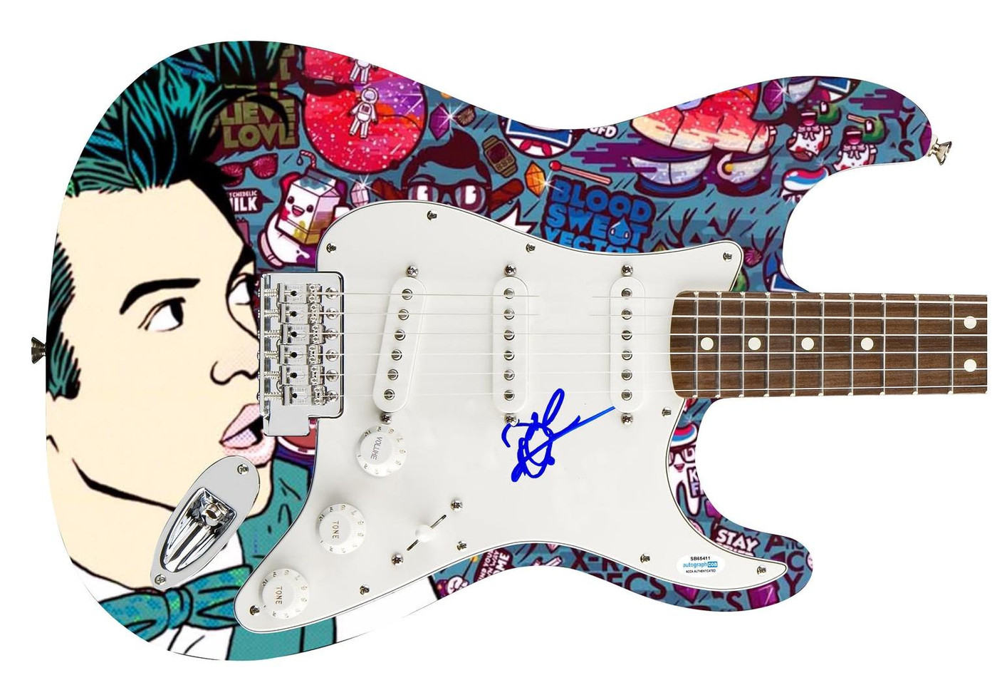 Panic! At The Disco Brendon Urie Autographed 1/1 Custom Graphics Photo Guitar AC Version 1