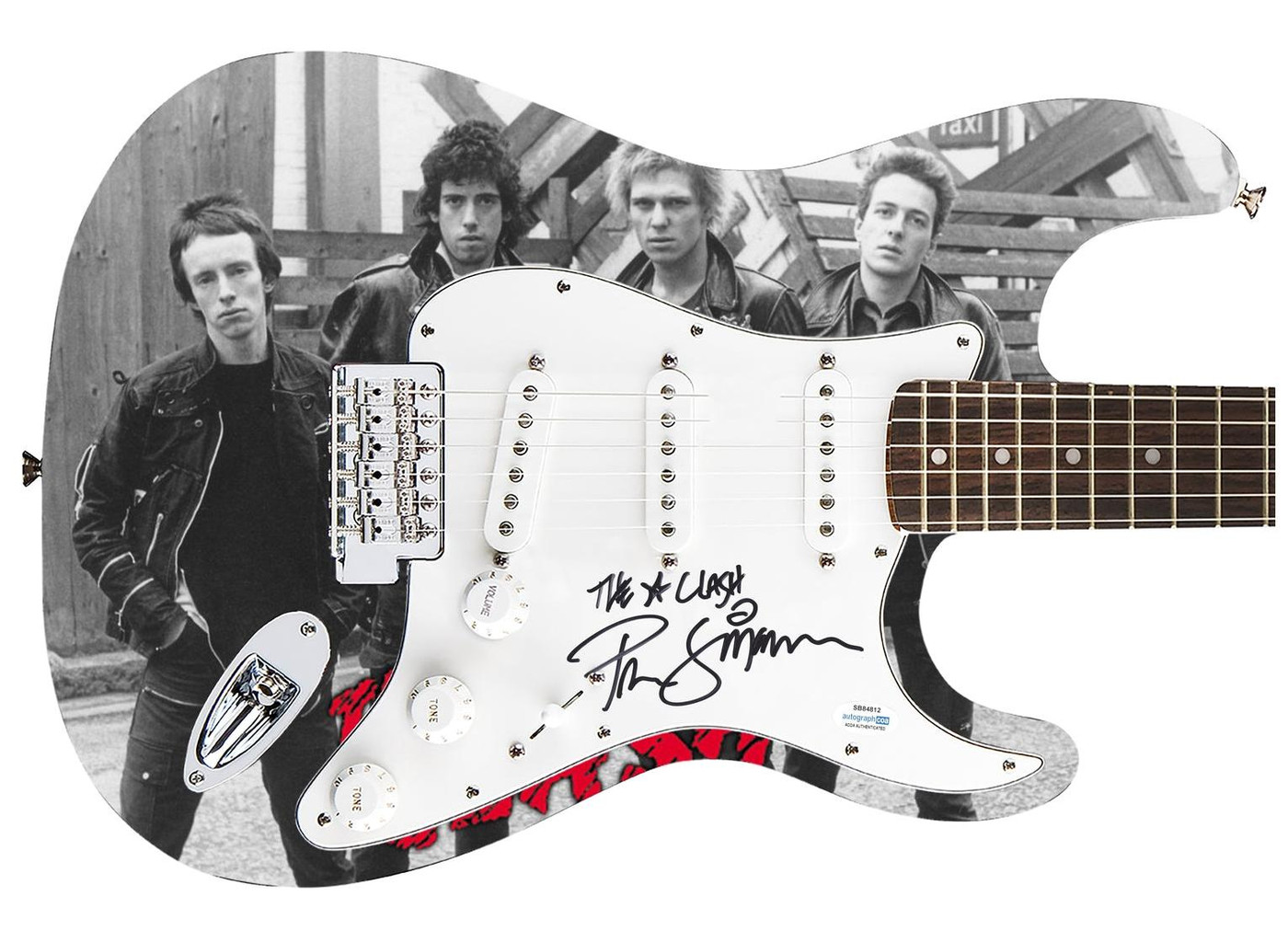The Clash Paul Simonon Signed Fender 1/1 Custom Graphics Photo Guitar ACOA Version 2