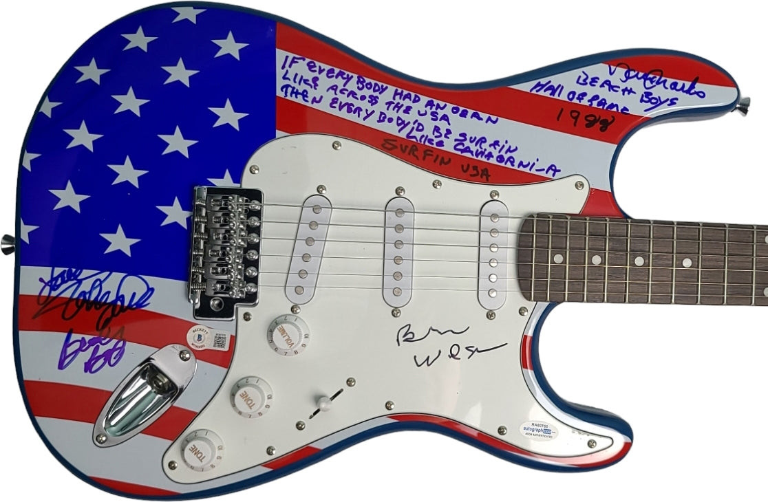 The Beach Boys Brian Wilson + Autographed Surfin USA Flag Guitar w Lyrics ACOA B